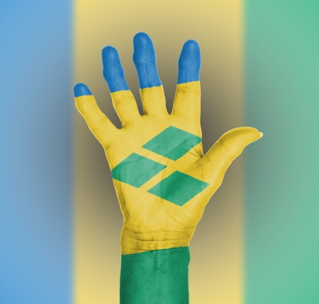 Palm of a woman hand, painted with flag of Saint Vincent and the Grenadinesの写真素材