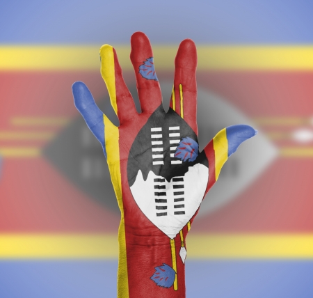 Palm of a woman hand, painted with flag of Swazilandの写真素材