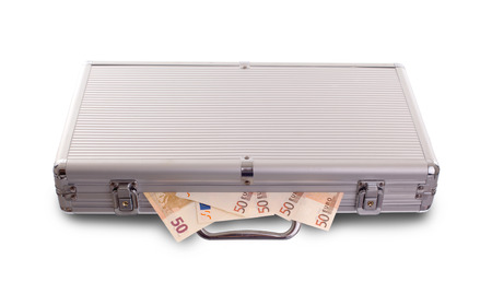 Metal briefcase full of cash, isolated on white