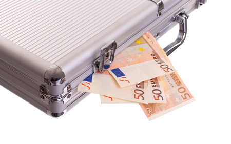 Metal briefcase full of cash, isolated on white