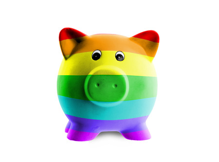 Ceramic piggy bank with painting of flag, Rainbow flagの写真素材