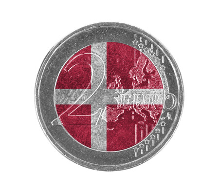 Euro coin, 2 euro, isolated on white, flag of Denmarkの写真素材