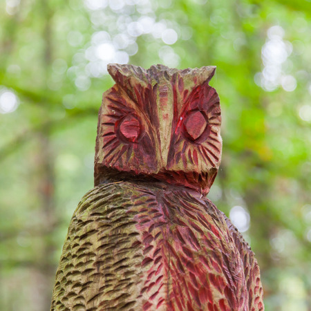 Old wooden carved owl in a forrestの写真素材