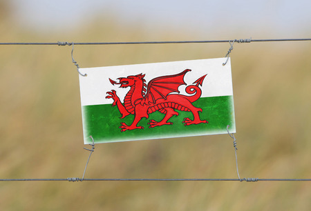 Border fence - Old plastic sign with a flag - Walesの写真素材