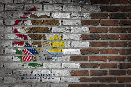 Very old dark red brick wall texture with flag - Illinoisの写真素材