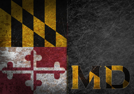 Old rusty metal sign with a flag and state abbreviation - Marylandの写真素材