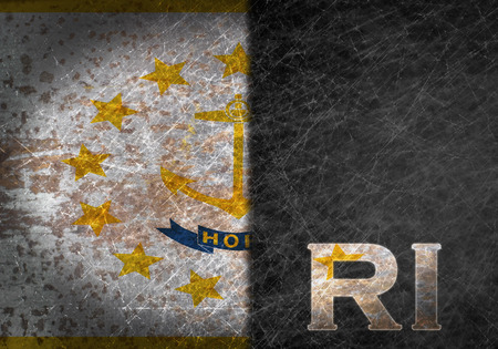 Old rusty metal sign with a flag and state abbreviation - Rhode Islandの写真素材