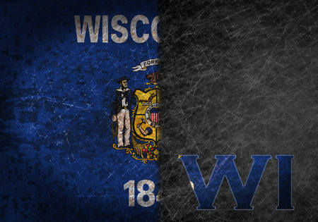Old rusty metal sign with a flag and US state abbreviation - Wisconsinの写真素材