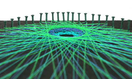 Display of colorful threads on a black panel
