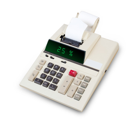 Old calculator with digital display showing a percentage - 25 percentの写真素材