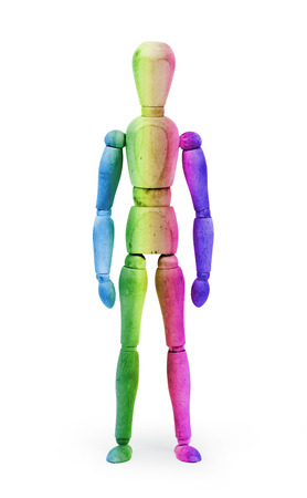 Wood figure mannequin with Multi colored bodypaint on white backgroundの写真素材