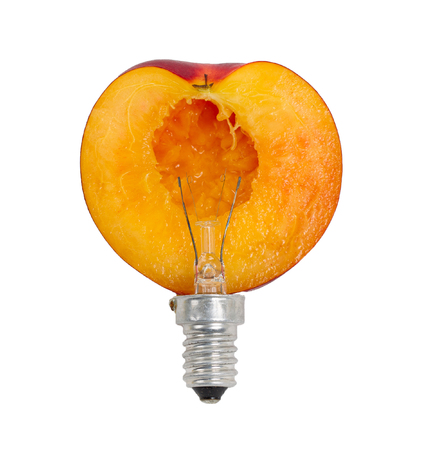 Nectarine lightbulb, concept of green energy - isolated on whiteの写真素材
