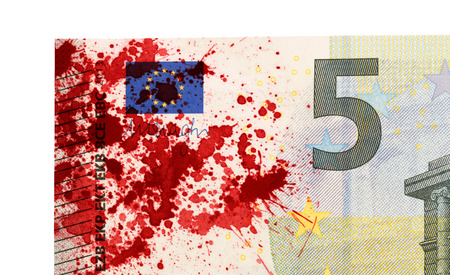 Close-up of a 5 euro bank note, isolated, stained with bloodの写真素材