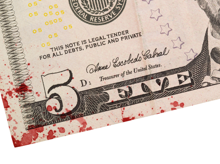US five Dollar bill, close up photo, bloodの写真素材