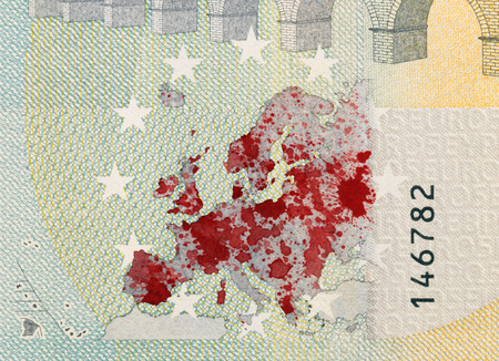 Close-up of a 5 euro bank note, isolated, stained with bloodの写真素材