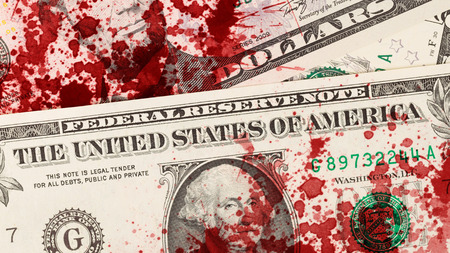 US one Dollar bill, close up photo, blood