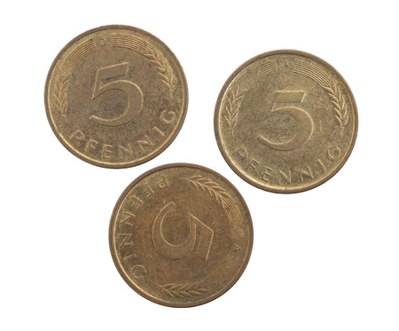 Five Pfennig coins Germany, isolated on whiteの写真素材