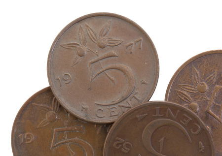 Old 5 euro cent coins, isolated on white, selective focus