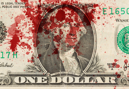 US one Dollar bill, close up photo, bloodの写真素材