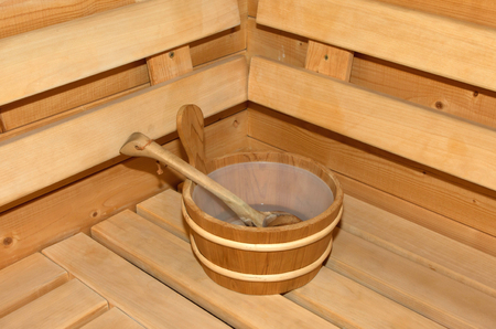 Interior of small home Finnish wooden saunaの写真素材