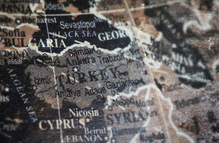 Turkey map on vintage crack paper background, selective focusの写真素材