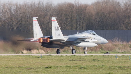 LEEUWARDEN, NETHERLANDS - APRIL 11, 2016: US Air Force F-15 Eagle takking off during the exercise...