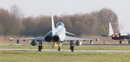 LEEUWARDEN, NETHERLANDS - APRIL 11, 2016: German Air Force Eurofighter landing during the exercise Frisian Flag. The exercise is considered one of the most important NATO training events this year.のeditorial素材