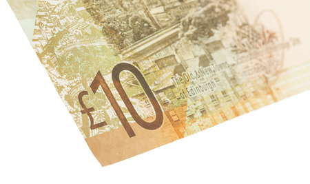 Scottish Banknote, 10 pounds, isolated on white, selective focus