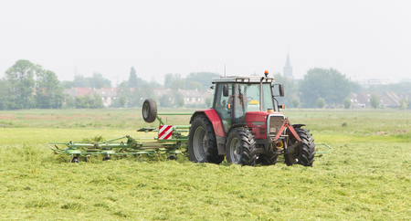 Farmer uses tractor to spread hay on the field where it will dry