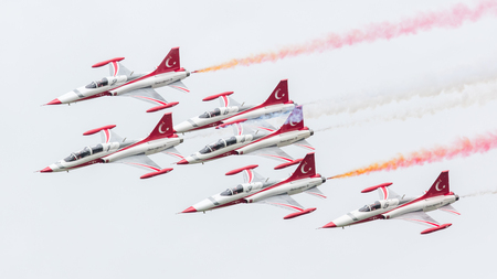 LEEUWARDEN, THE NETHERLANDS - JUNE 10, 2016: Turkish Air Force Demonstration Team Turkish Stars at the Royal Netherlands Air Force Daysのeditorial素材