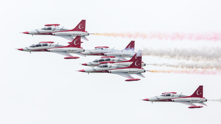 LEEUWARDEN, THE NETHERLANDS - JUNE 10, 2016: Turkish Air Force Demonstration Team Turkish Stars at the Royal Netherlands Air Force Daysのeditorial素材