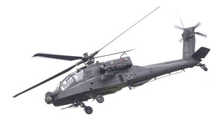 LEEUWARDEN, THE NETHERLANDS - JUN 11, 2016: Boeing AH-64 Apache attack helicopter flying a demo during the Royal Netherlands Air Force Daysのeditorial素材