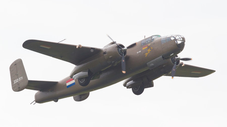 LEEUWARDEN, THE NETHERLANDS - JUNE 11: WW2 B-25 Mitchell bomber in Dutch markings during the Dutch Air Force Open House. June 11, 2016 in Leeuwarden, The Netherlandsのeditorial素材