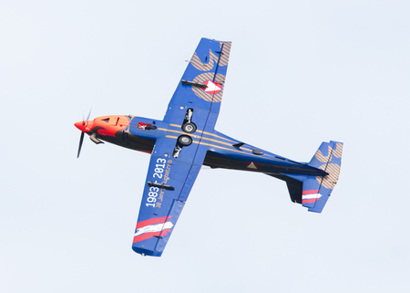 LEEUWARDEN, THE NETHERLANDS - JUNE 10, 2016: Austian PC-7 Pilatus during a demonstration at the Royal Netherlands Air Force Days on june 10, Leeuwarden, The Netherlandsのeditorial素材