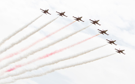 LEEUWARDEN, THE NETHERLANDS - JUNE 10, 2016: Turkish Air Force Demonstration Team Turkish Stars at the Royal Netherlands Air Force Daysのeditorial素材