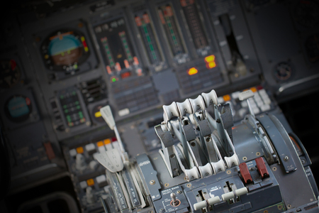 Different meters and displays in the console of an old plane