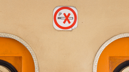 Close-up of no smoking warning in an old train carriageの写真素材