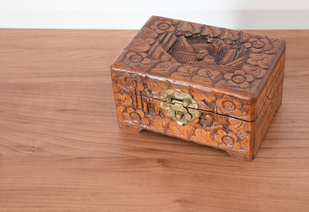 Very old wooden chest with simple lock, selective focusの写真素材