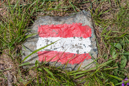 Walking path sign in Austria, flag painted on a rockの写真素材