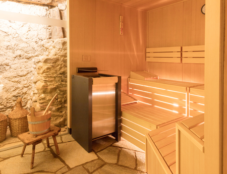 Interior of small home Finnish wooden saunaの写真素材