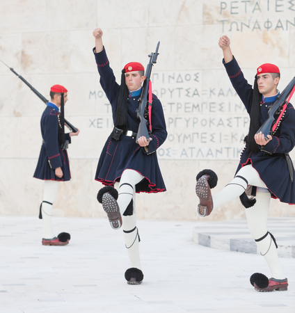 Athens, Greece - October 24, 2017: Evzones in front of the Tomb of the Unknown Soldier