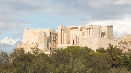 Ancient Parthenon surrounded by scaffolding on the Athenian Acropolis, Greeceの写真素材