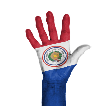 Palm of a woman hand, painted with flag of Paraguayの写真素材