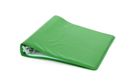 Old green ring binder isolated on a white backgroundの写真素材