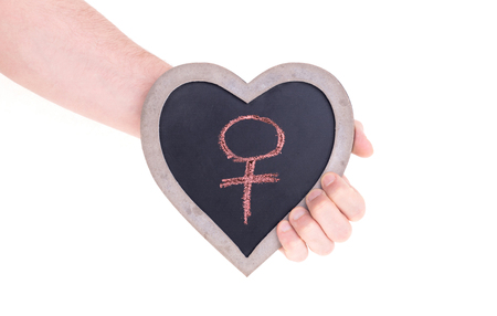 Adult holding heart shaped chalkboard - Female -  Isolated on whiteの写真素材