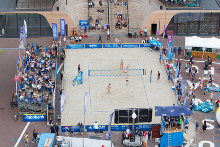 Leeuwarden, the Netherlands - June 10: Women beach volleybal match in the Netherlands during a match in the dutch premier league on June 10, 2018 in Leeuwarden, the Netherlandsのeditorial素材