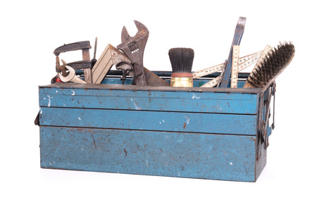 Old toolbox filled with vintage tools, isolatedの写真素材