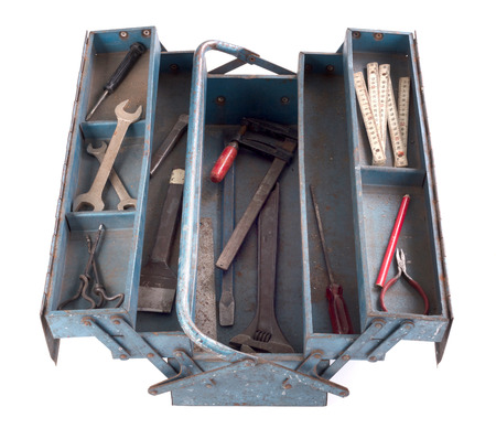 Old toolbox filled with vintage tools, isolatedの写真素材