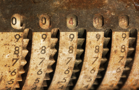 Vintage manual adding machine isolated on white, selective focus - 400の写真素材