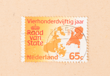 THE NETHERLANDS 1981: A stamp printed in the Netherlands shows a map of the Netherlands, circa 1981のeditorial素材